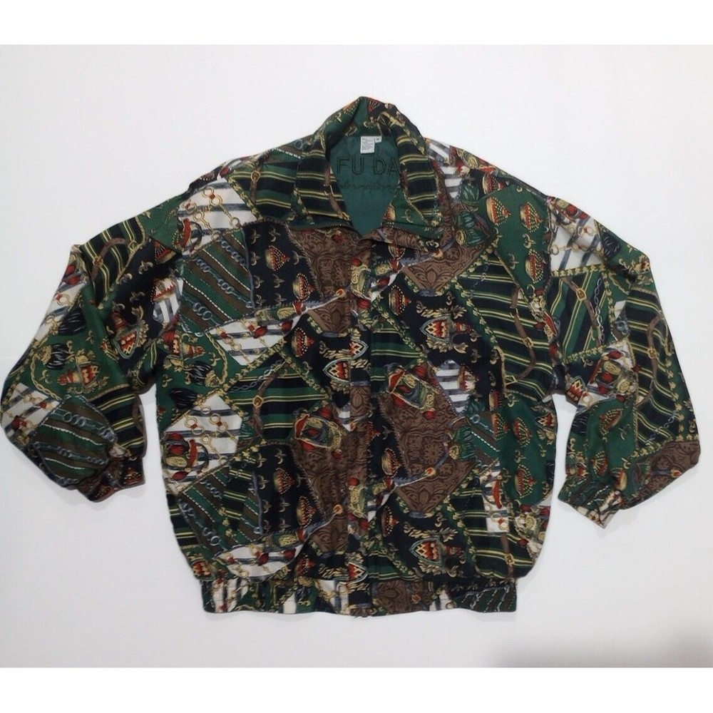 Vintage Fudu Silk Jacket Womens Size Med Chains And Crowns Multicolor 100% Silk